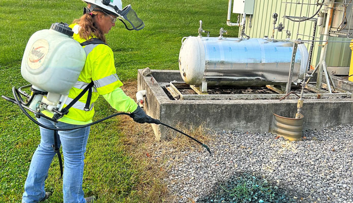 A Row-Care team member wears a white hard hat and a tank of herbicide as she uses an attached hose to spray a green chemical onto a patch of gravel.